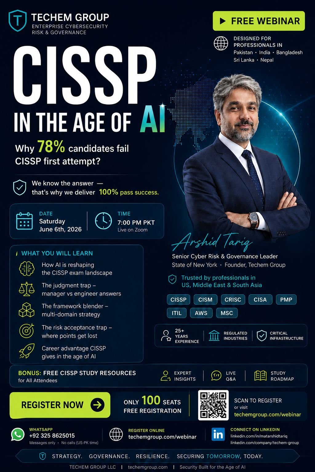 CISSP in the Age of AI — Free Webinar Poster — Saturday, 6 June 2026, 7:00 PM PKT, Live on Zoom — by Arshid Tariq, Techem Group